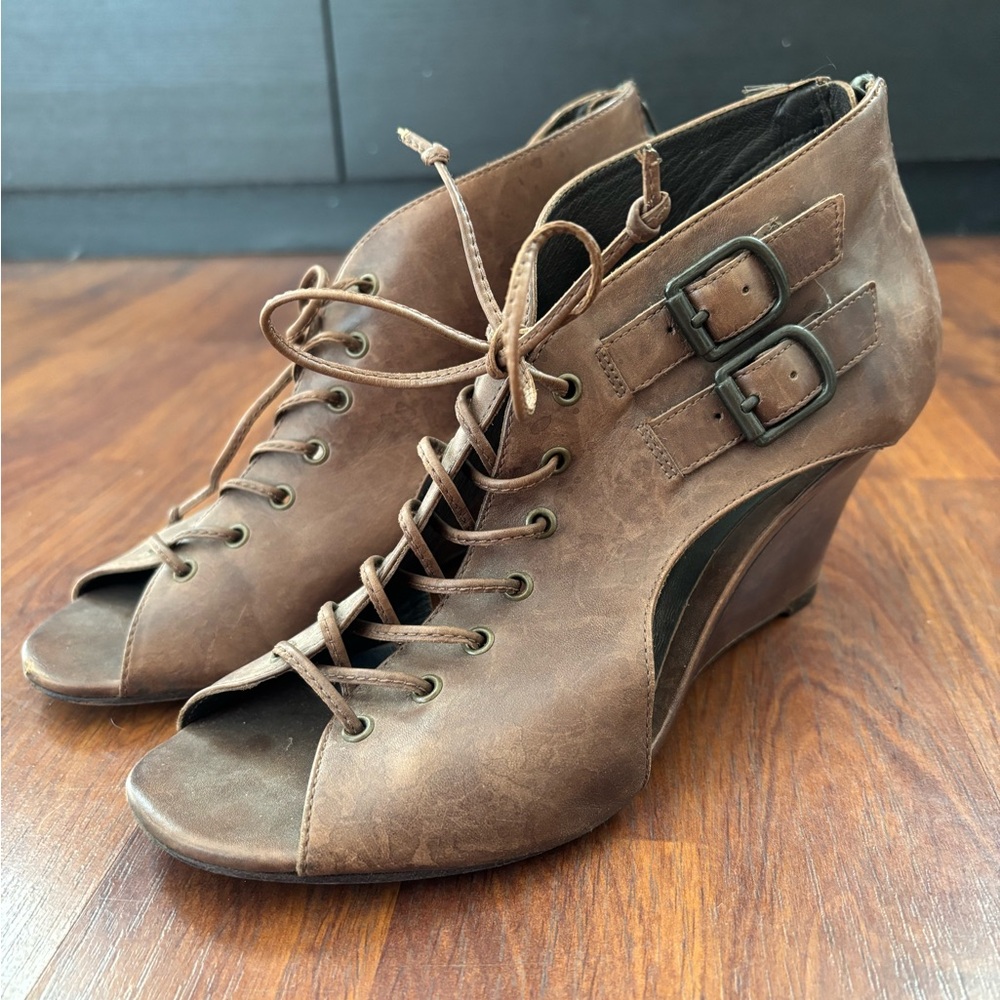 Brown Lace-Up Wedge Sandals